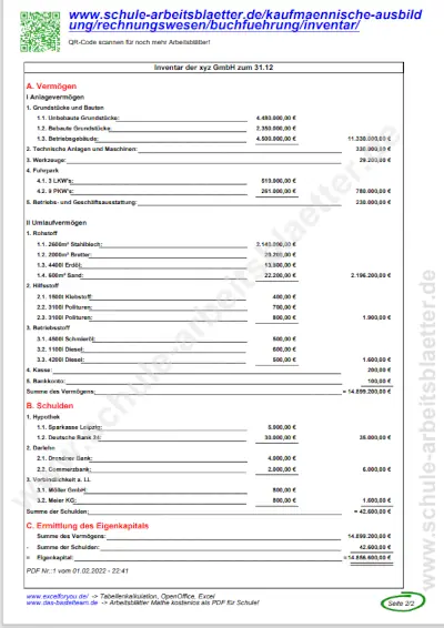 Arbeitsblatt Inventar Übungsaufgabe Inventar-Übungsaufgabe